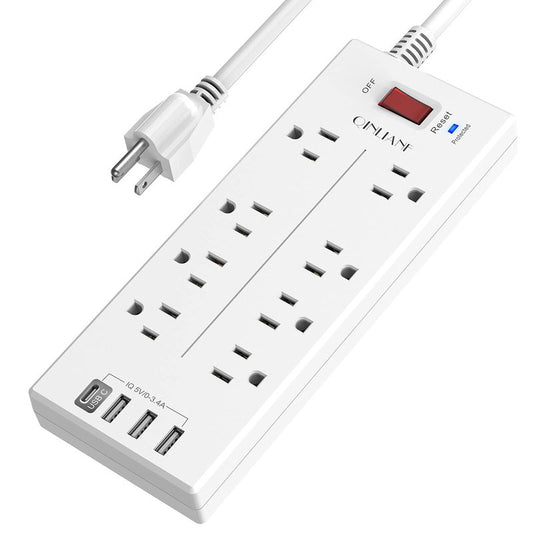 Power Strip, QINLIANF Surge Protector with 8 Outlets and 4 USB Ports, 6 Feet Extension Cord, 2100 Joules, ETL Listed, White