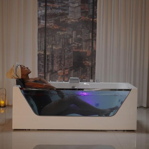 Empava 67” Whirlpool Bathtub with Chromatherapy, Hydrotherapy Jetted Bathtub with Glass Panel, 11 Jets,3-Side Apron,67 Gallons,ETL Certified, White