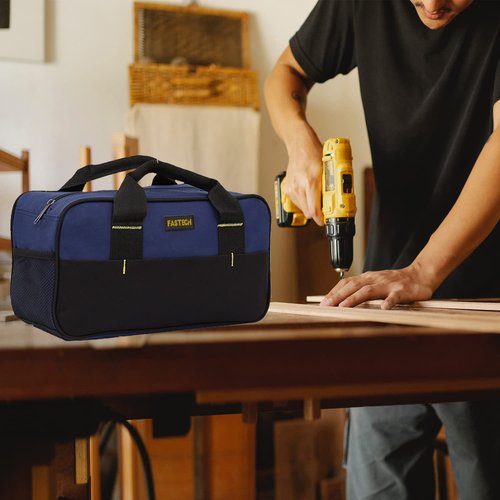 FASTECH 14 Inch Small Tool Tote Bag, Wide Mouth Tool Tote Bag, Waterproof Tool Organizer Bag, Multi-Pockets Wide Mouth Tool Tote For Man/Woman (Blue)