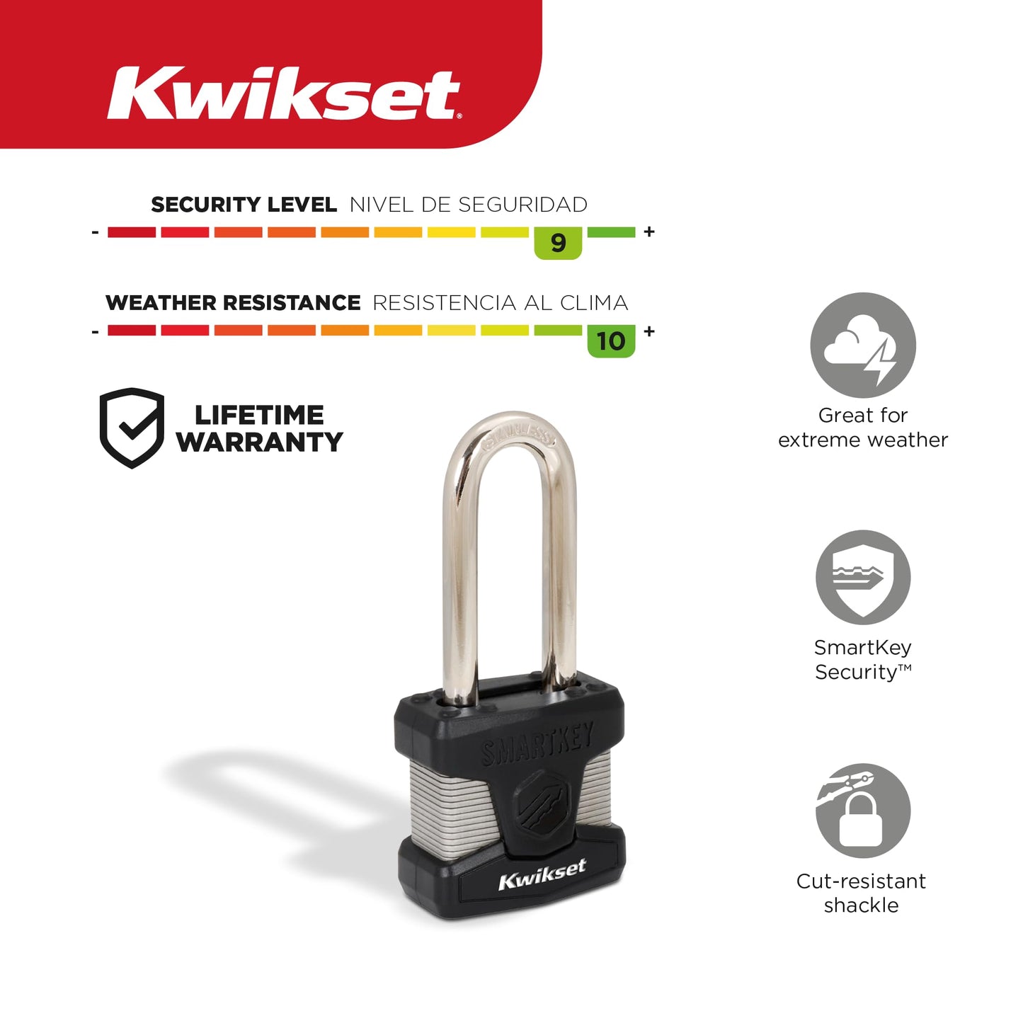 Kwikset SmartKey Re-Keyable Laminated Steel Padlock with Stainless Steel Shackle, Outdoor Gate and Storage Lock, 2 in Body, 2-1/2 in Shackle, 1 Pack, Silver