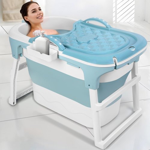 Portable Bathtub for Adult - 41" No Installation Effortless Foldable Bathtub for Bathroom, Collapsible Bathtub with Ergonomic Seat & Massage Roller, Freestanding bathtubs for Adults Blue