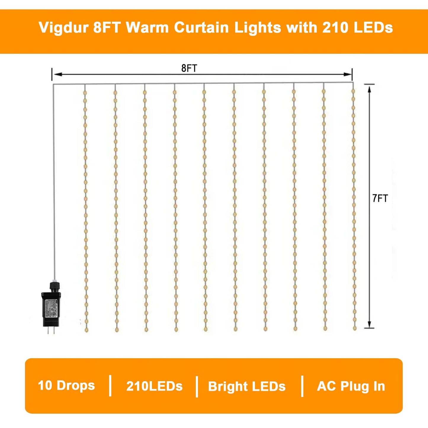 Vigdur Led Curtain String Lights, 8FT Window Fairy Lights for Bedroom with 210 Warm LEDs, Hanging Twinkle Indoor String Light for Party Wedding Garden Wall Decor(8 * 7ft)