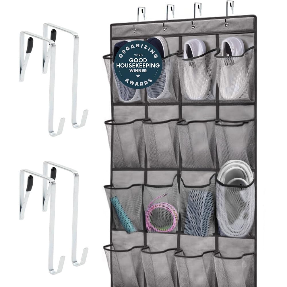 GORILLA GRIP Over the Door Shoe Organizer, 24 Large Breathable Mesh Pockets, Space Saving Hanging Storage Holder, Closet Rack Hanger Holds Up to 40 lbs, Hangs on Closets for Shoes, Accessories, Grey