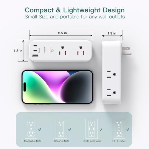PD 30W Outlet Extender Surge Protector - with Rotating Plug, 6 AC Outlets Splitter 3 USB Ports (2 USB C), 1800J, 3-Side Power Strip Wall Mount, Multi Plug Outlet for College Dorm Travel Essentials