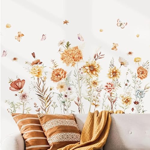 Boho Wall Decor Stickers Floral Wallpaper Peel and Stick Pretty Flowers Butterfly Wall Decals for Living Room Baby Kids Nursery Girls Bedroom Wall Decoration
