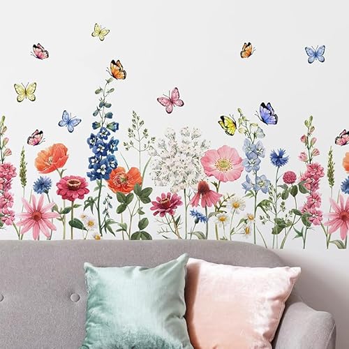 Wildflower Wall Decals Daisy Wildflower Grass Butterflies Wall Stcikers for Girls Bedroom, Living Room, Kids Room Wall Decor