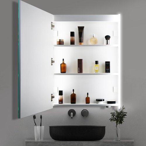 HAUSCHEN HOME 28x19-1/4inch LED Medicine Cabinet Lighted Bathroom Mirror, Stepless Dimmable, 3000K/5500K Color Temperature Wall Mounted Makeup Mirror, Adjustable Shelf (Assembly Required)