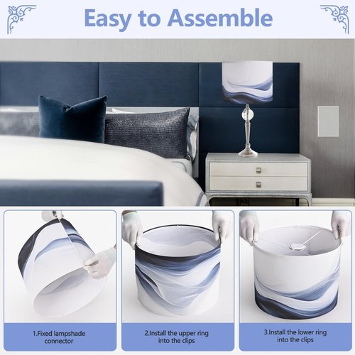 Haultop Lamp Shades set of 2 with Waves and Oceans, 13x13x10in Fabric Lamp Shades for Table Lamps, Blue lamp shades, Support Spider and E26 Base, Drum Lamp Shades