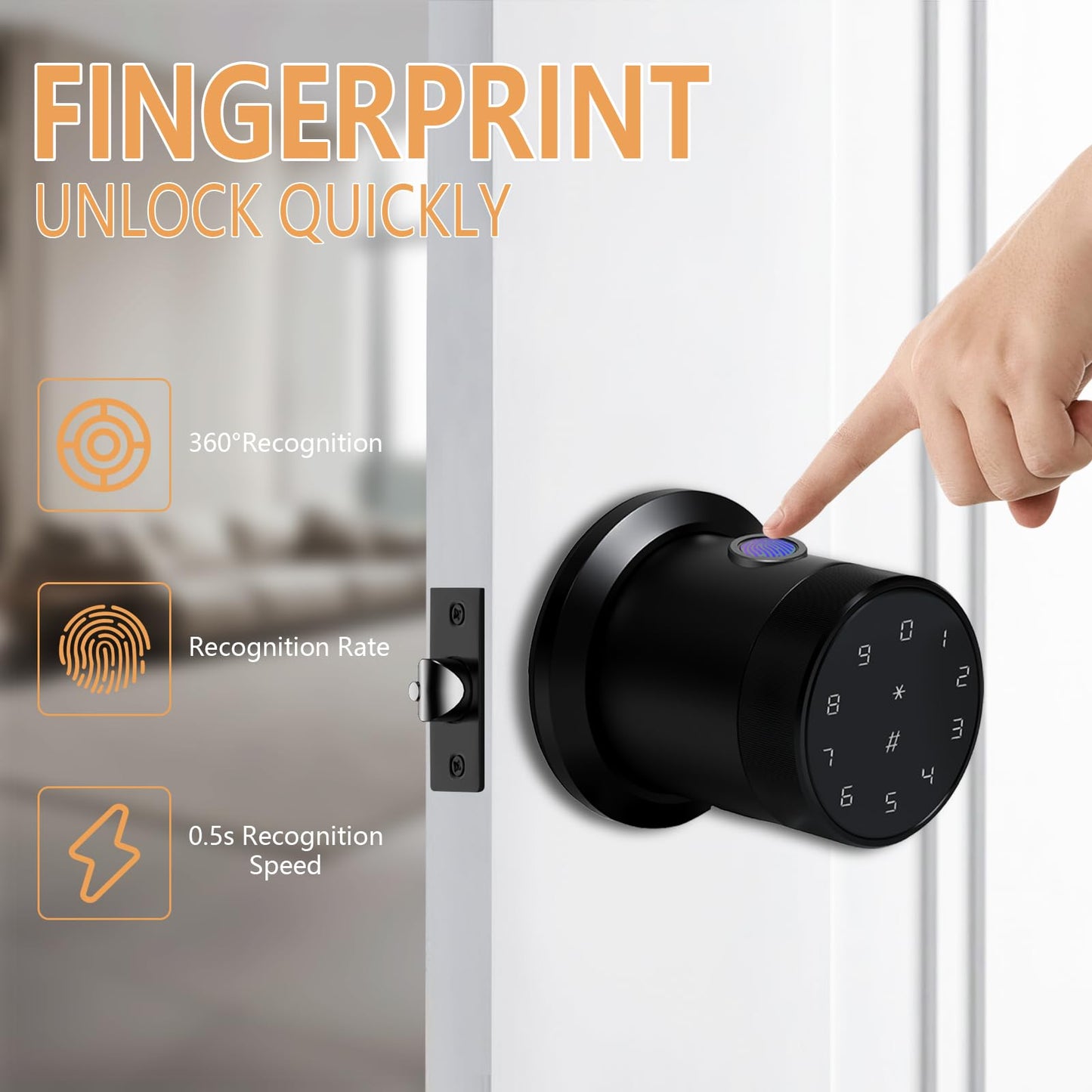 Fingerprint Door Knob, Keyless Entry Smart Door Knob with Touchscreen Keypad, Key FOB, App Control, Auto Lock, Voice Prompts, 300+ User Capacity, Door Lock for Bedroom, Gate, Office, Matte Black