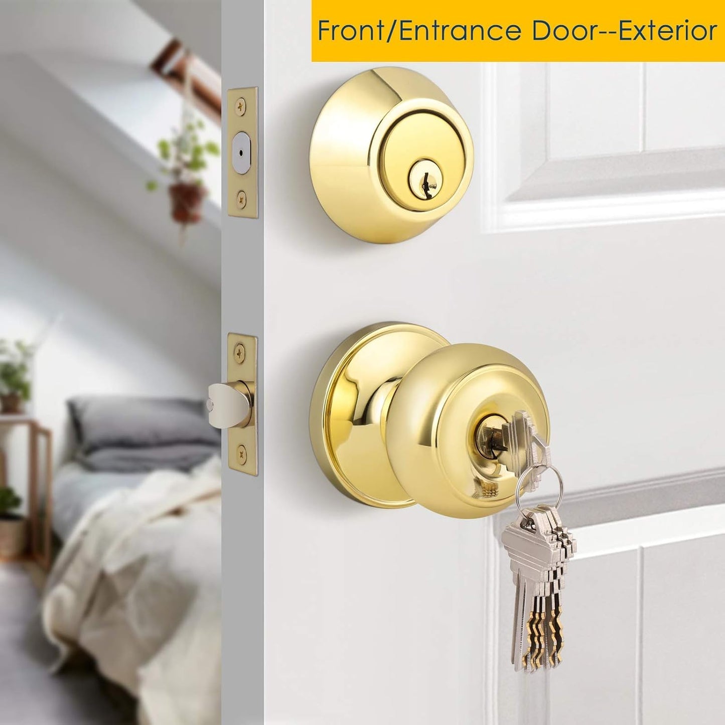 Brotima 1 Pack Polished Brass Round Style Entry Door Knobs and Deadbolt Combination Set, Keyed Alike Double Cylinder Deadbolt Door Lock Set