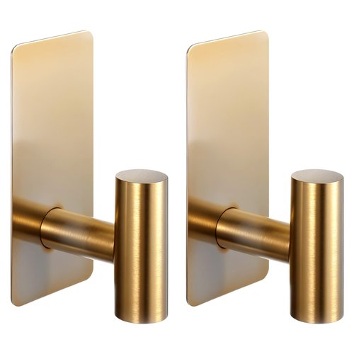 YUXIANLB 2 Pack Heavy Duty Stainless Steel Wall Hooks Brushed Gold Waterproof Adhesive Hooks for Bathroom Kitchen Bedroom Garage Boat Outdoor Use Strong Sticky Hook for Towels Coats Hats