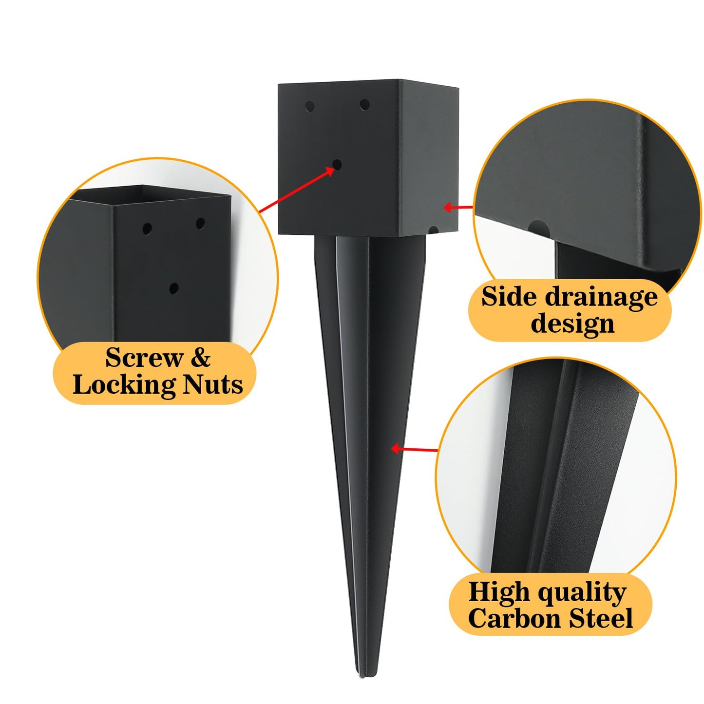 1 Pcs 4"x4" Fence Post Anchor Ground Spike,(Internal 3.6"x3.6"),Metal Post Stake Ground 16" with Black Powder-Coated,Fence Stakes Post Base for Deck,Fence,Porch,Railing,Mailbox.