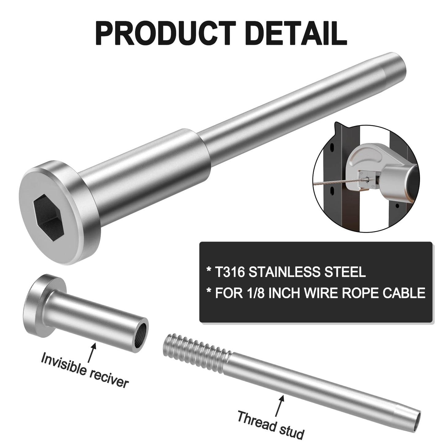 BLIKA 50 Pack Invisible Cable Railing kit, T316 Stainless Steel 1/8" Invisible Receiver and Swage Stud End for Cable Railing, Swage Tensioner 1/8" for Wood/Metal Post, Cable Railing Hardware