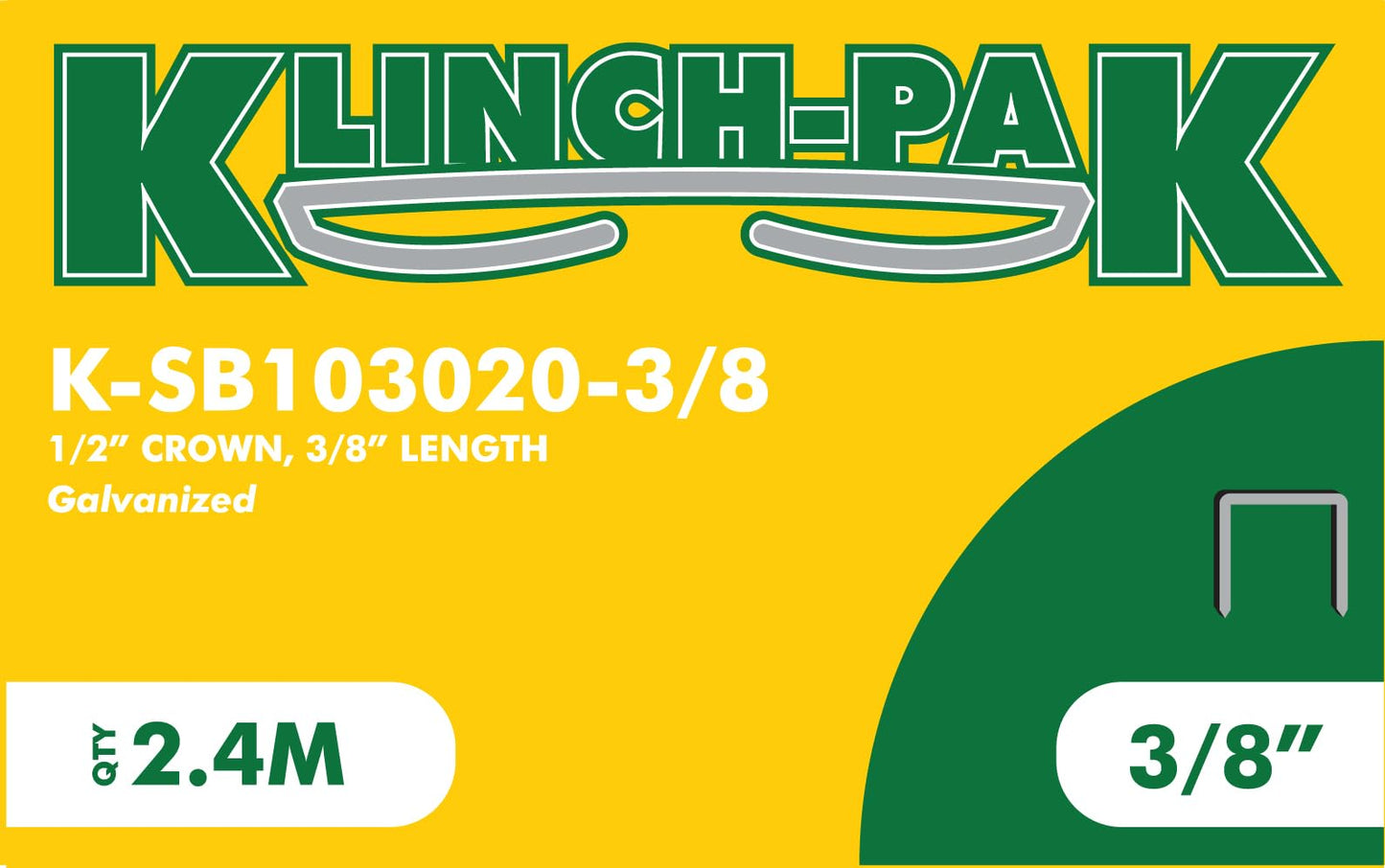Klinch-Pak K-SB103020-3/8, 1/2 Inch Wide by 3/8 Inch Leg Length Heavy-Duty Plier Staple, 2,400 Count, Ideal for stapling Trays, Lids, Bags, Header Cards, Fastening End Caps, Container Inserts