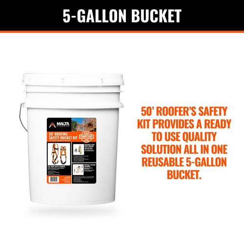 Malta Dynamics 50’ Roofer's Safety Bucket Kit – Warthog Pass-Thru Safety Harness, Reusable Roof Anchor, and 50’ Vertical Lifeline Assembly, OSHA/ANSI Compliant
