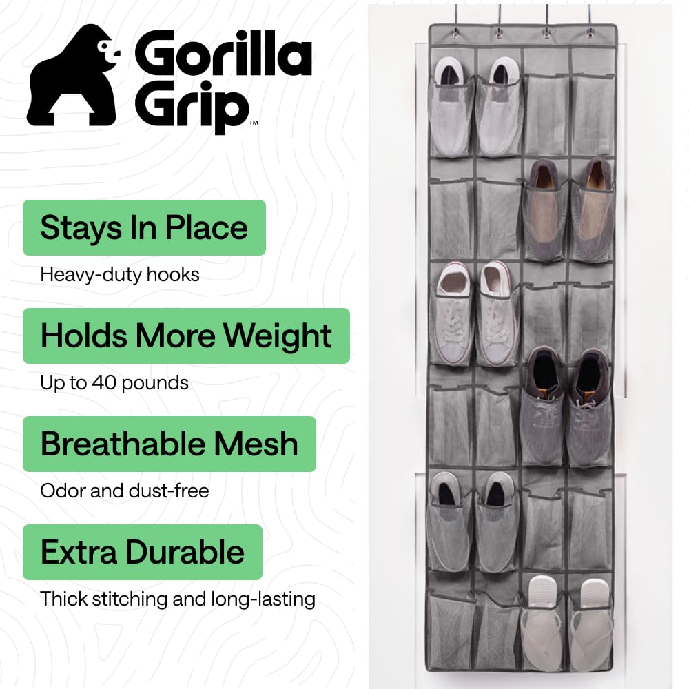 GORILLA GRIP Over the Door Shoe Organizer, 24 Large Breathable Mesh Pockets, Space Saving Hanging Storage Holder, Closet Rack Hanger Holds Up to 40 lbs, Hangs on Closets for Shoes, Accessories, Grey