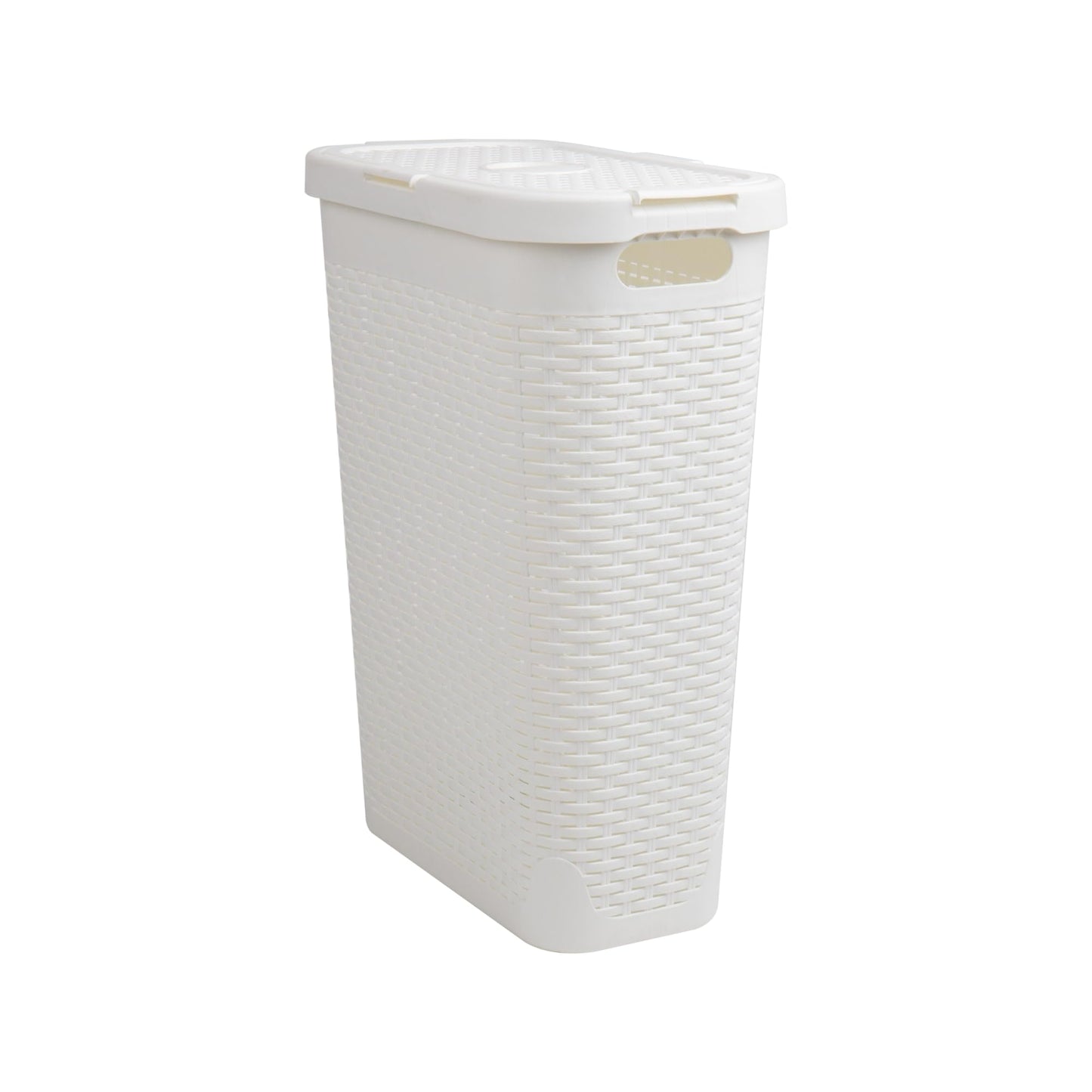 Mind Reader 40L Slim Laundry Hamper, Clothes Basket, Lid, Wicker Design, Plastic, 18"L x 10.4"W x 23.5"H, White