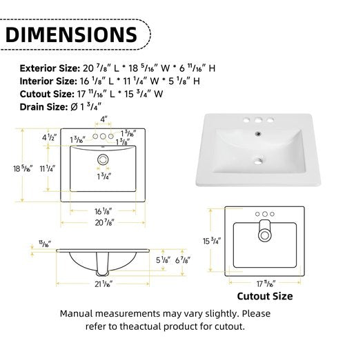 21"W x 18"D Drop In Bathroom Sink with 4-in Centerset 3 Faucet Holes, Los Flexi 21 Inch White Rectangular Vanity Top Sink with Overflow, Ceramic Vessel Sink for Bathroom