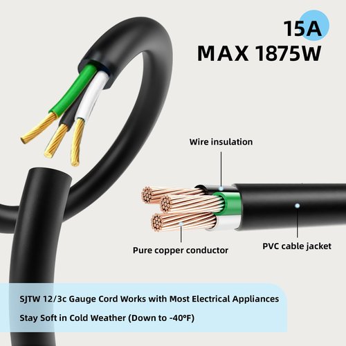 EP 3 Ft Extension Cord - 12/3 SJTW Heavy Duty Black Extension Cable with 3 Prong Grounded Plug - Power Cord for Lawn, Garden, Appliances