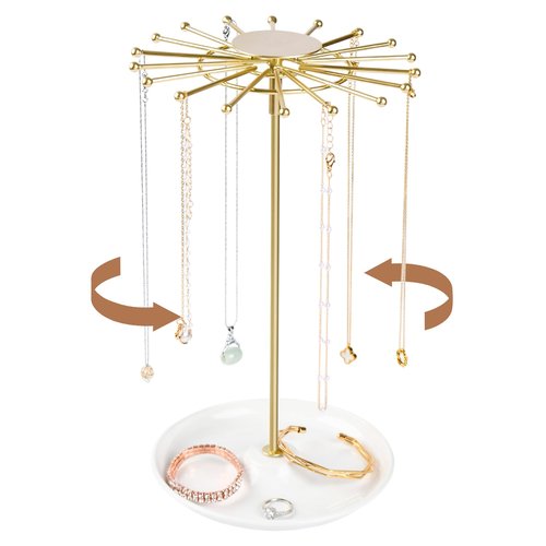AmaQueen Rotating Necklace Hanger Organizer Tree with Jewelry Tray, Gold Spinning Necklace Chain Display Holder Stand Storage (Golden)