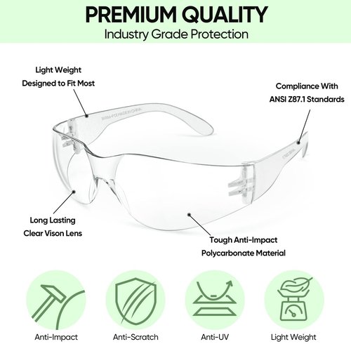 TICONN 12 Clear Safety Glasses for Men, Safety Goggles with Scratch Impact Resistant Meets ANSI Z87.1 Standard (12 Pack)