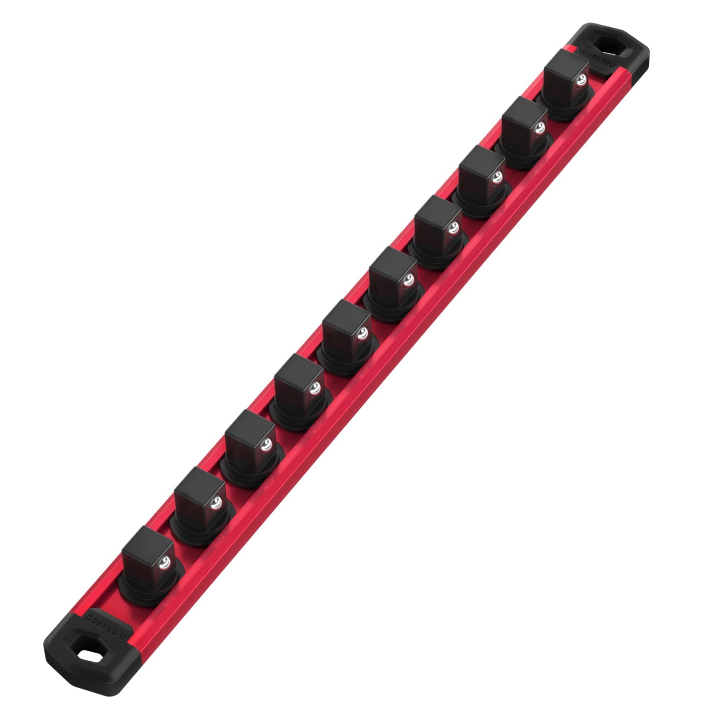 WORKPRO Magnetic Socket Organizer, 1/2-Inch Drive Aluminum Alloy Sockets Rail, Heavy Duty Sockets Holder, Socket Rack Kit 1/2-Inch x 10 Clips (Red)