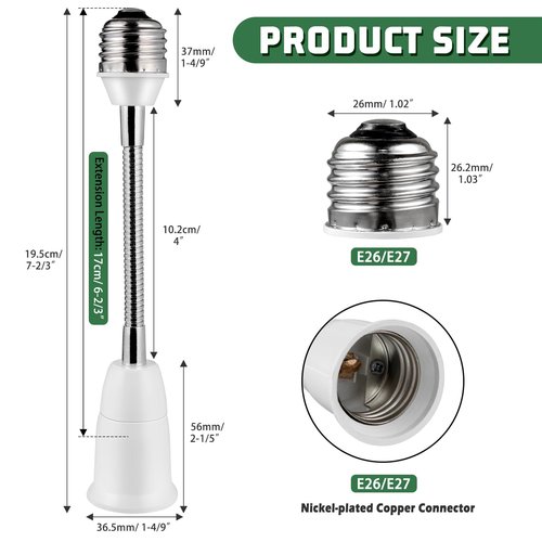 Light Socket Extender Adapter,Flexible Extension Lamp Socket Adapter,Standard Bulb Screw Base Extension Adapter for Lamps Bulb Security Cameras (20cm (7.87"), 2)