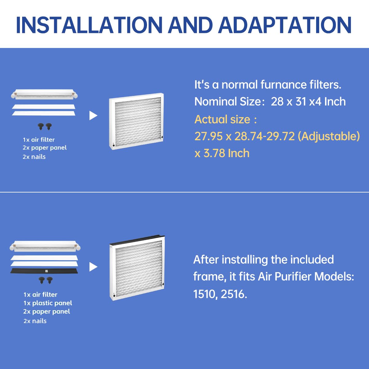 510 Replacement Filter AC Air 31x28x4 for Whole House AirPurifiers Model #510 1510 2516 Upgraded Rail Kit replacement Frame HVAC Furnace Air conditioner Healthy Air 11 2 Packs