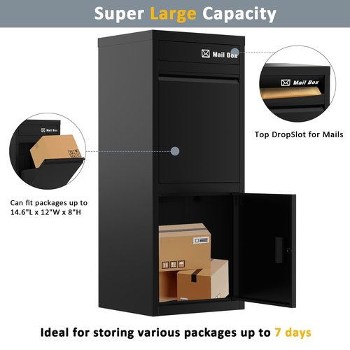 Package Delivery Boxes for Outside with Storage, 17.7"L*15"W*39.4"H Extra Large Parcel Drop Boxes with Lock, Anti-Theft,Waterproof and Rustproof Package Delivery Box for Outdoor Porch(Black)