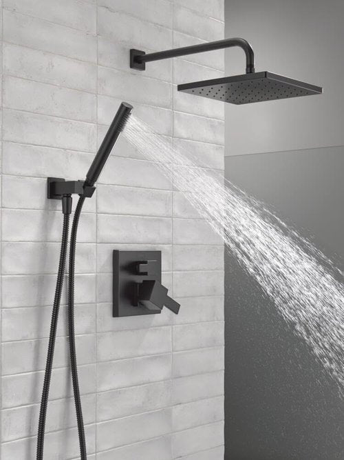Delta Modern 14 Series Square Rain Shower System Faucet Set, Rainfall Matte Black Shower Head and Handle Set, Valve Trim Kit, 10 Inch, Matte Black 342701-BL