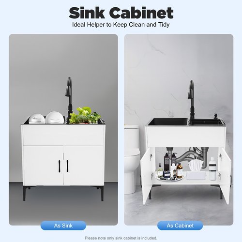 Knwigoe 30in Laundry Sink with Cabinet and Pull-Out Sprayer Faucet,Stainless Steel Utility Sink with Double Bowl, Soap Dispenser, Drain Basket Freestanding Kitchen Sink for Laundry Room, Garage White