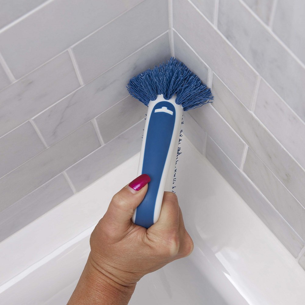 Unger 2-in-1 Grout and Corner Scrubber Brush Tool, Crevice Bathroom Cleaning Supplies for Showers, Door Tracks, Tile, and Bathtubs, Household 360-Degree Scrubbing Power
