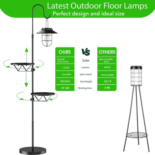 Kirschblüte 60" Solar Floor Lamp with Detachable Hanging Lantern & Small Side Table - Cordless, Waterproof Outdoor Lighting for Deck, Patio, Garden, Porch - Weatherproof Iron Floor Light