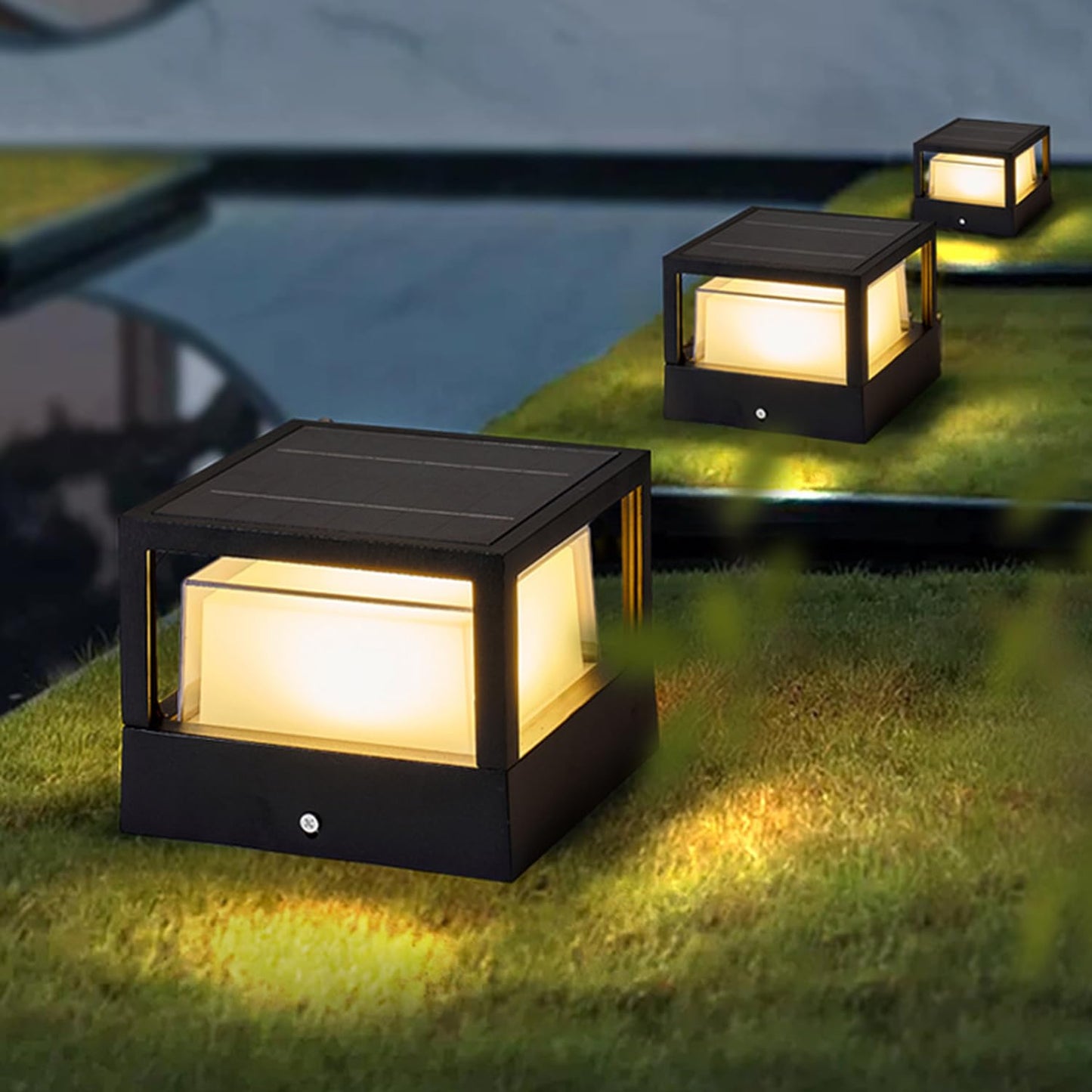 GCDFGV Solar Post Light, Dusk to Dawn Solar Lamp Post Light Ip65 Waterproof Pillar Lights Outdoor 6.3", 3000k, Aluminum, for Garden Patio Yard Decoration, Up to 12 Hours, Black