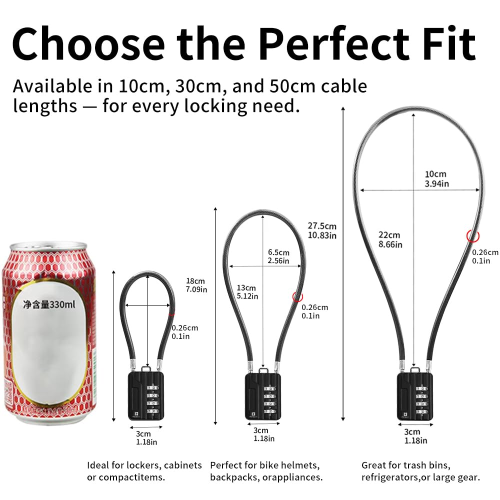 RESET-201 (2 Pack) 4 Digit Combination Padlock with 12 inch (30cm) Steel Cable,Cable Lock for Trash Can, Locker, Gym Locker, Luggage, Suitcase, Gun Case, Trigger,Helmet, 5mm Diameter, Black