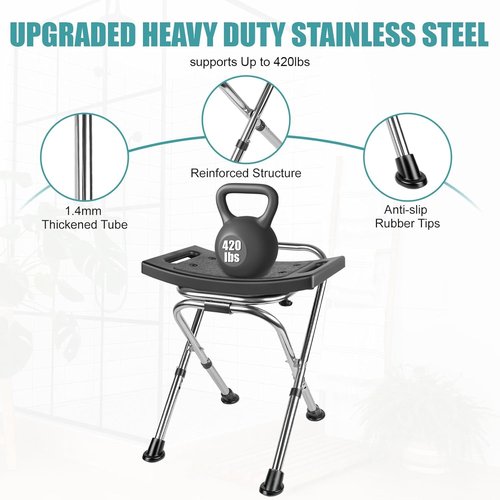 Height Adjustable Folding Shower Chair Seat, Stainless Steel Small Shower Chair for Inside Shower with,400lbs Portable Travel Shower Stool,Safety Anti-Slip Bath Chair for Seniors(Black)