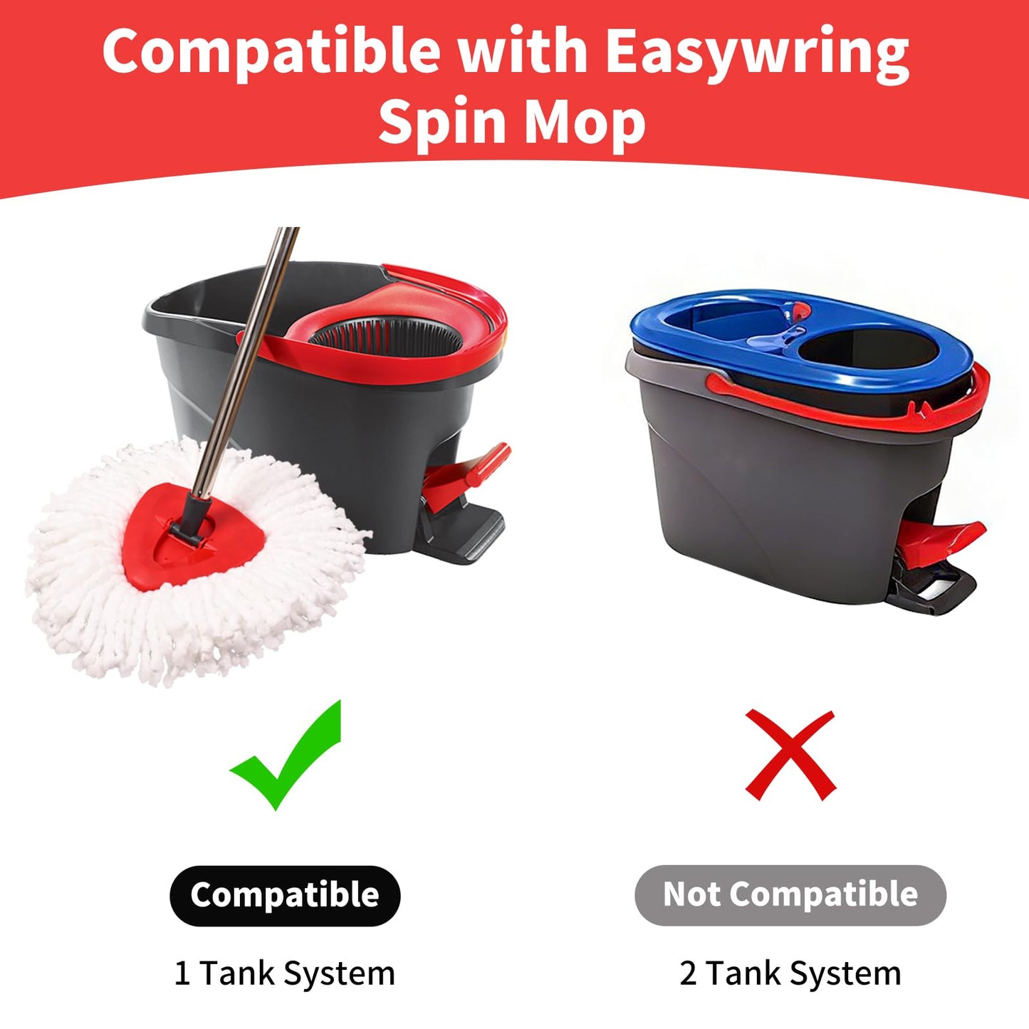Jikefa Mop Replacement Heads, Handle, Base Compatible with O Cedar EasyWring 1-Tank Spin Mop System, 2 Microfiber Mop Head Refills, 4-Section Iron Handle 30-58in and 1 Spin Base Cover Set