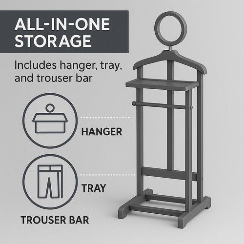 Ergode Carson Valet Stand, Compact Organizer for Clothing and Accessories, Wooden Suit Rack with Hanger, Tray, and Trouser Bar, Ideal for Bedroom, Closet, Office, or Dressing Area
