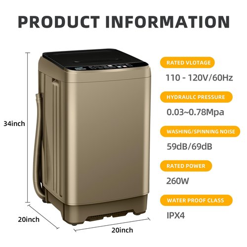 BORCOLO Portable Washing Machine, 17.7lbs Full-Automatic Small Washing Machine for Apartment, 10 Wash Programs with Drain Hose Dorm Size Portable Washer for RV, Home, College, Gold