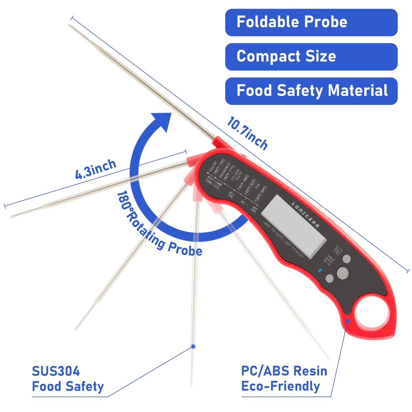 Lonicera Meat Thermometer Digital for Cooking Food. Waterproof & Instant Read for Kitchen Baking, BBQ. with Foldable Probe, Backlight & Calibration (Red)