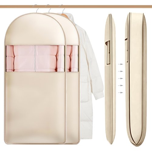 2Pcs Space Saving Hanging Garment Bag with Self Compression Zipper, Dustproof Clothes Storage Cover with Clear Window for Down Coats, Suits, Jackets, Closet Organizer (Beige, 52"x23"x6")