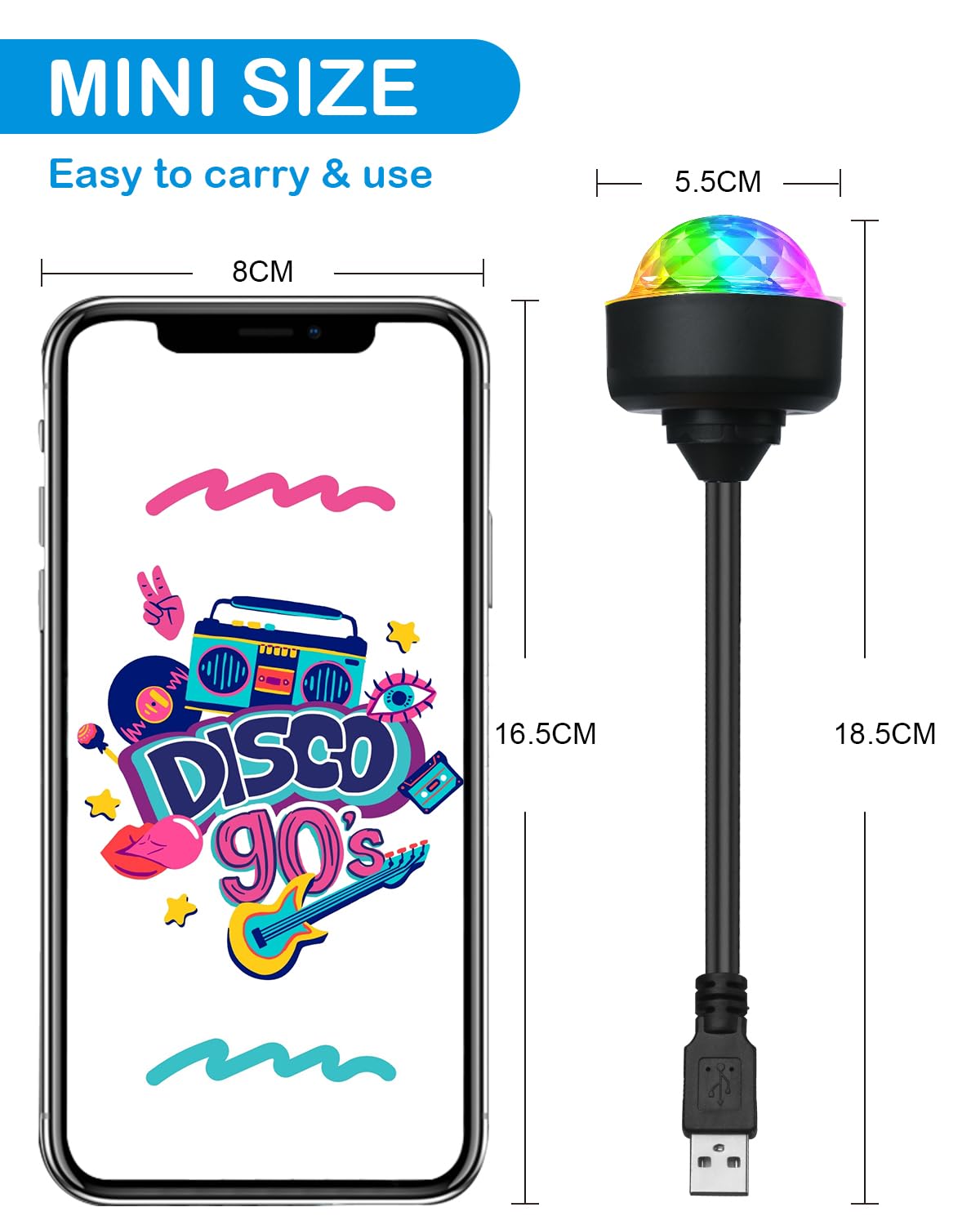 Luditek Mini Disco Ball Light with Flexible USB Extender, Sound Activated Strobe Party Lights for Karaoke Car, Stocking Stuffers Birthday Decorations for Halloween Christmas (3 Packs)