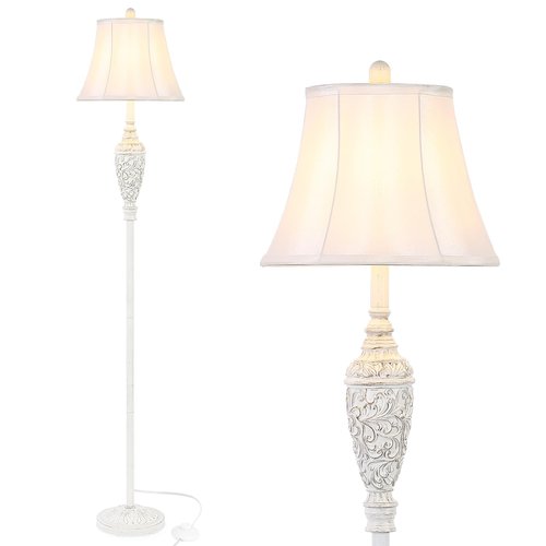 Sheetea 65’’ Vintage Floor Lamp for Living Room, Traditional White Standing Lamp with Carved Resin Base and Foot Switch, Classic Farmhouse Tall Pole Lamp, Bedroom, Office