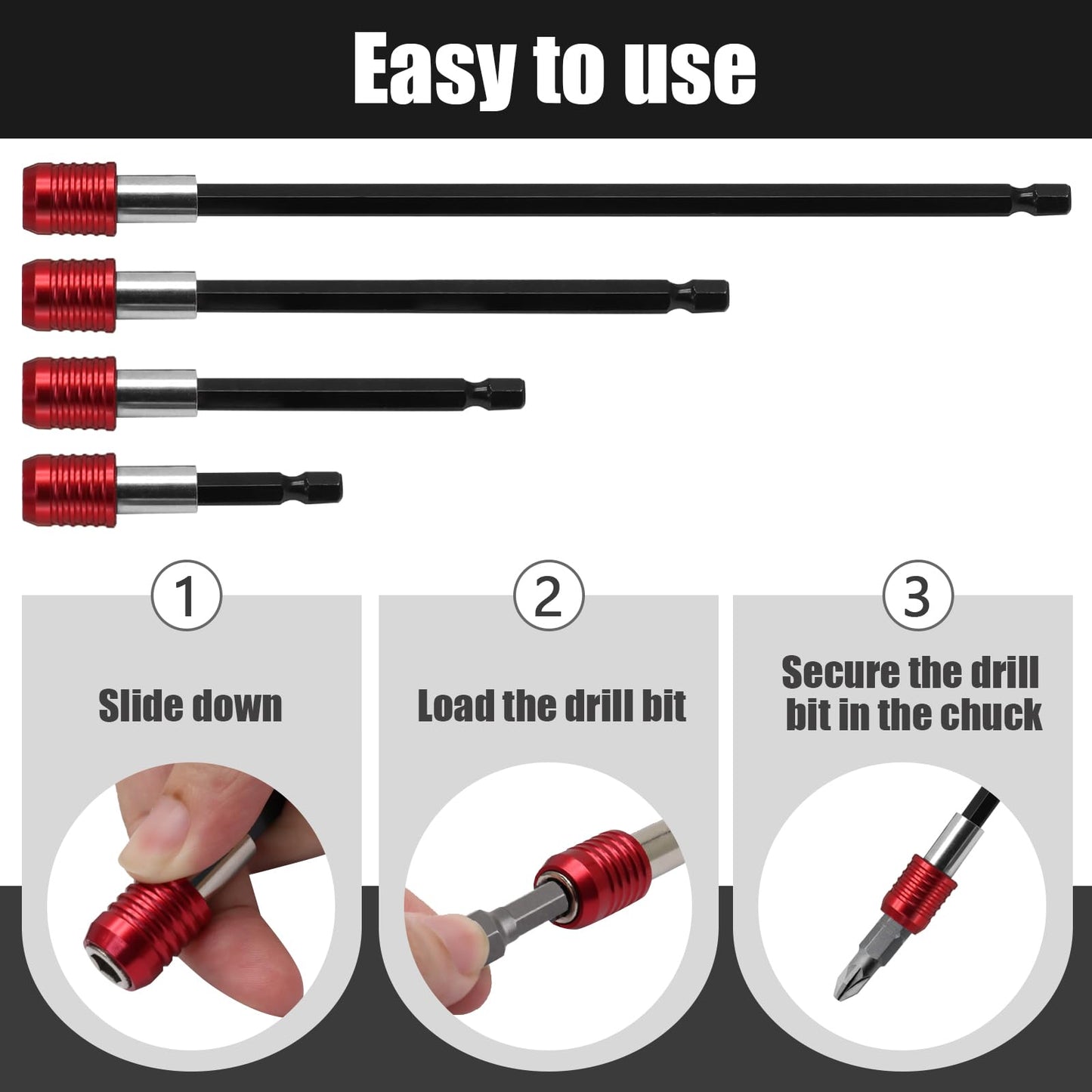 Uenhoy 4 Pcs Drill Bit Extension Set, Magnetic Drill Screwdriver Bit Holders (2-3/8", 4", 6", 12"), 1/4 Inch Hex Shank Quick Release Extension Adapter for Impact Driver Electric Screwdriver