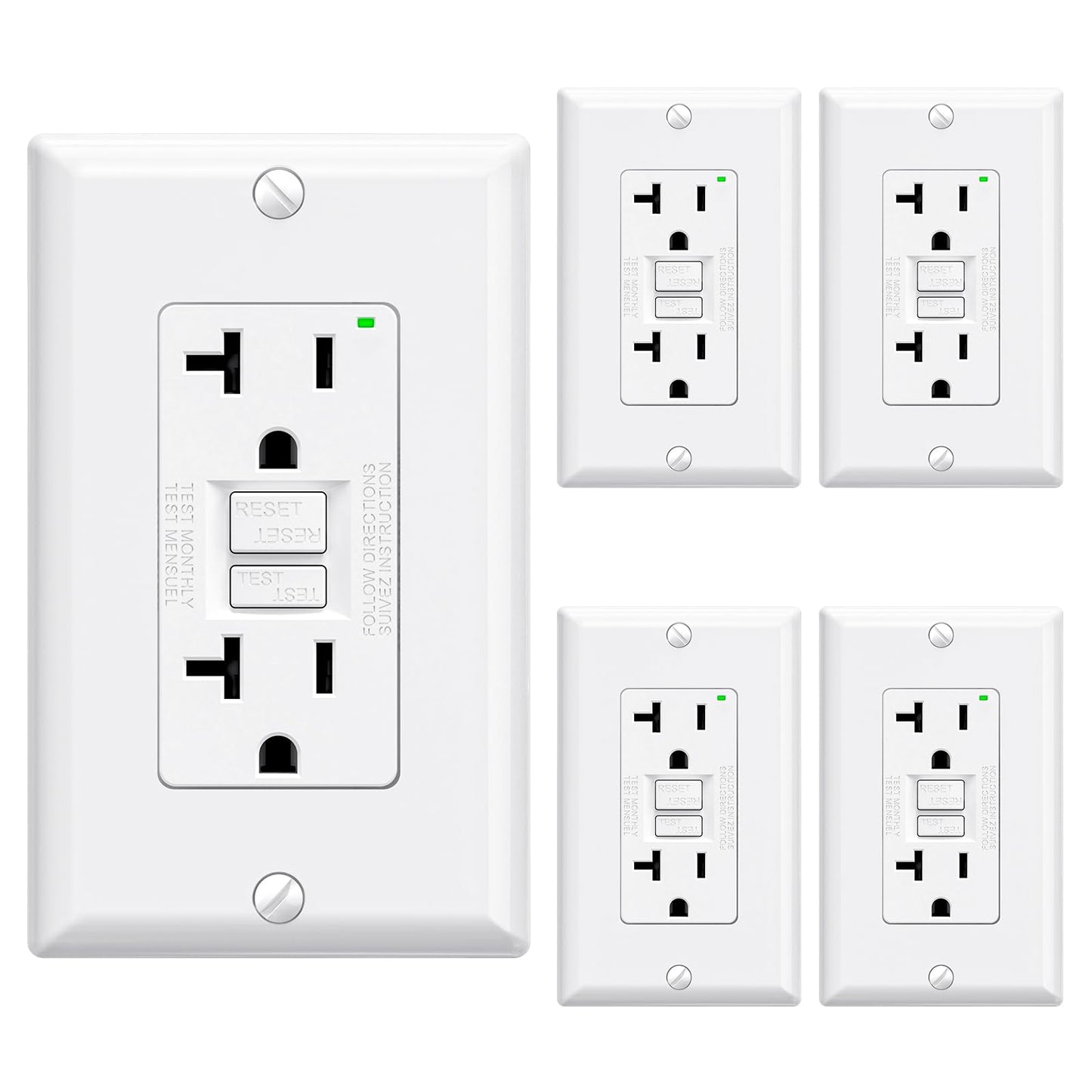 ELEGRP GFCI Outlet 20 Amp, Self-Test GFI Electrical Outlet with Narrow Design, GFCI Receptacle with LED Indicator, UL Listed, White, Wall Plate Included, 5 Pack