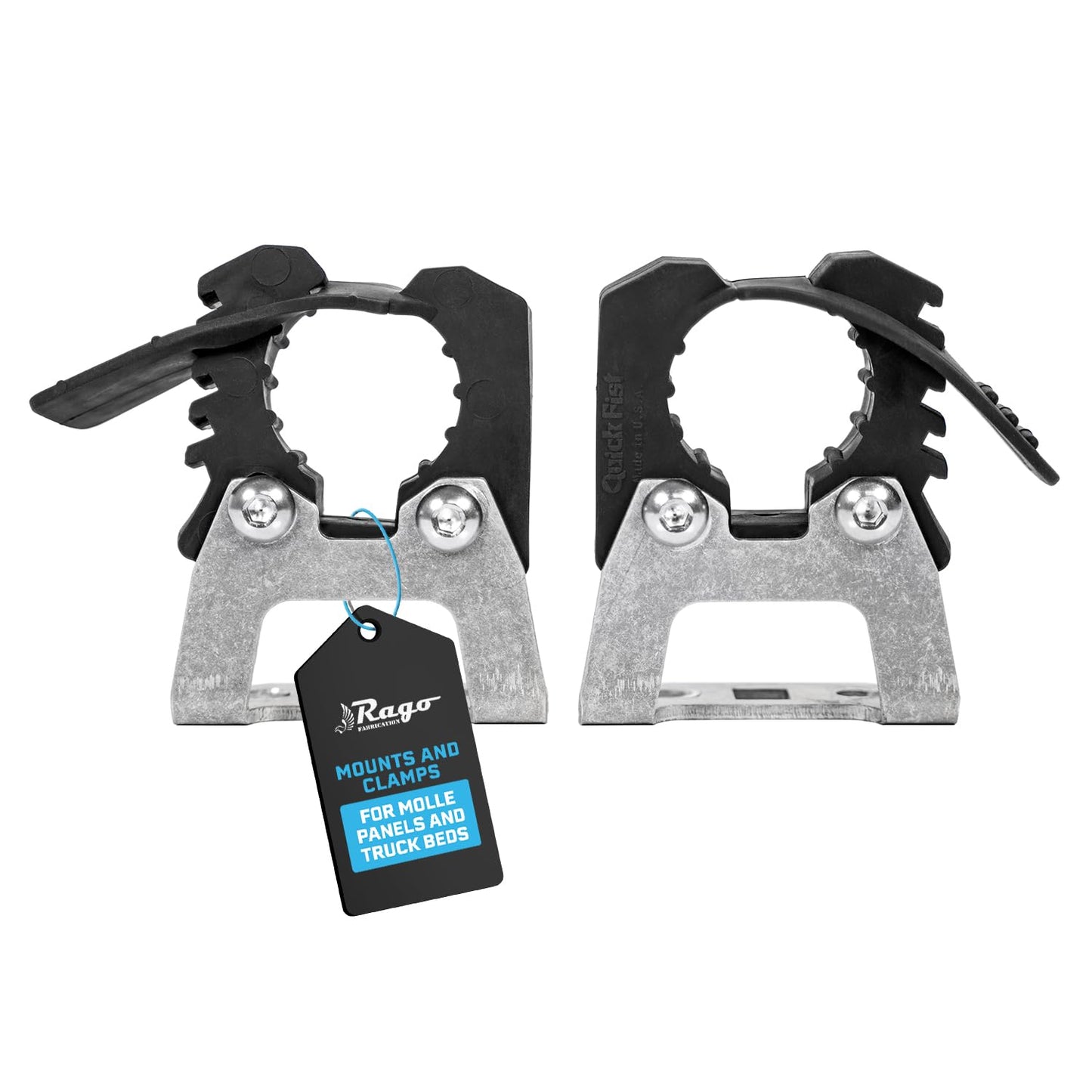 Rago Fabrication Molle Panel Mounts with Quick Fist Clamps for Shovels and Axes - CNC Cut Aluminum Mounting Brackets for Truck Beds - Made in USA