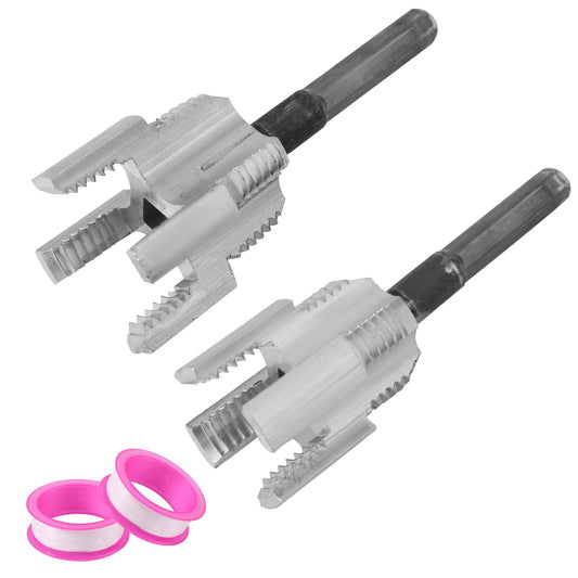 2pcs Integrated Internal & External Pipe Threading Tool, Alloy Steel 1/2” and 3/4” PVC Pipe Thread Cutting Tool Set with 2 Roll Thread Seal Tapes for Electric Drill
