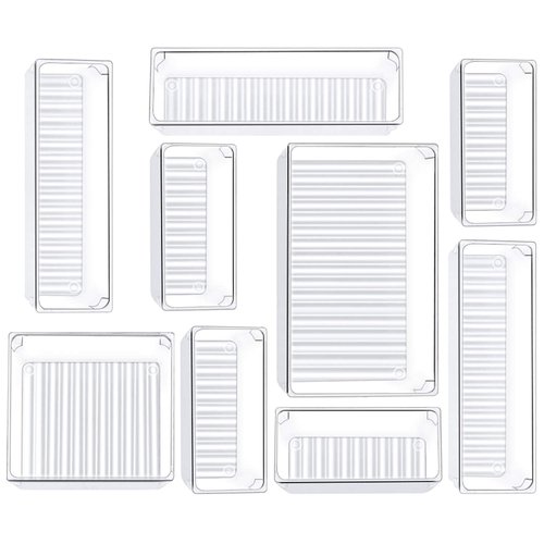 Kootek 9 Pcs Drawer Organizer Set, 4-Size Bathroom Vanity Trays Makeup Desk Dividers Versatile Storage Bins Clear Plastic Container for Dresser, Bedroom, Kitchen, Office