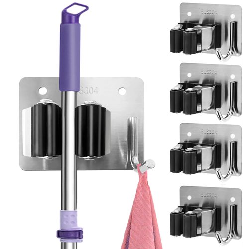 HAOYOWJY Mop Holder and Broom Holder Wall Mount Stainless Steel 304 Tool Garage Organization Rack Screw and Self Adhesive Broom Hanger Heavy Duty 4pcs