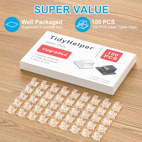 TidyHelper 100 Pack Clear Small Adhesive Cable Clips for Indoor & Outdoor Use